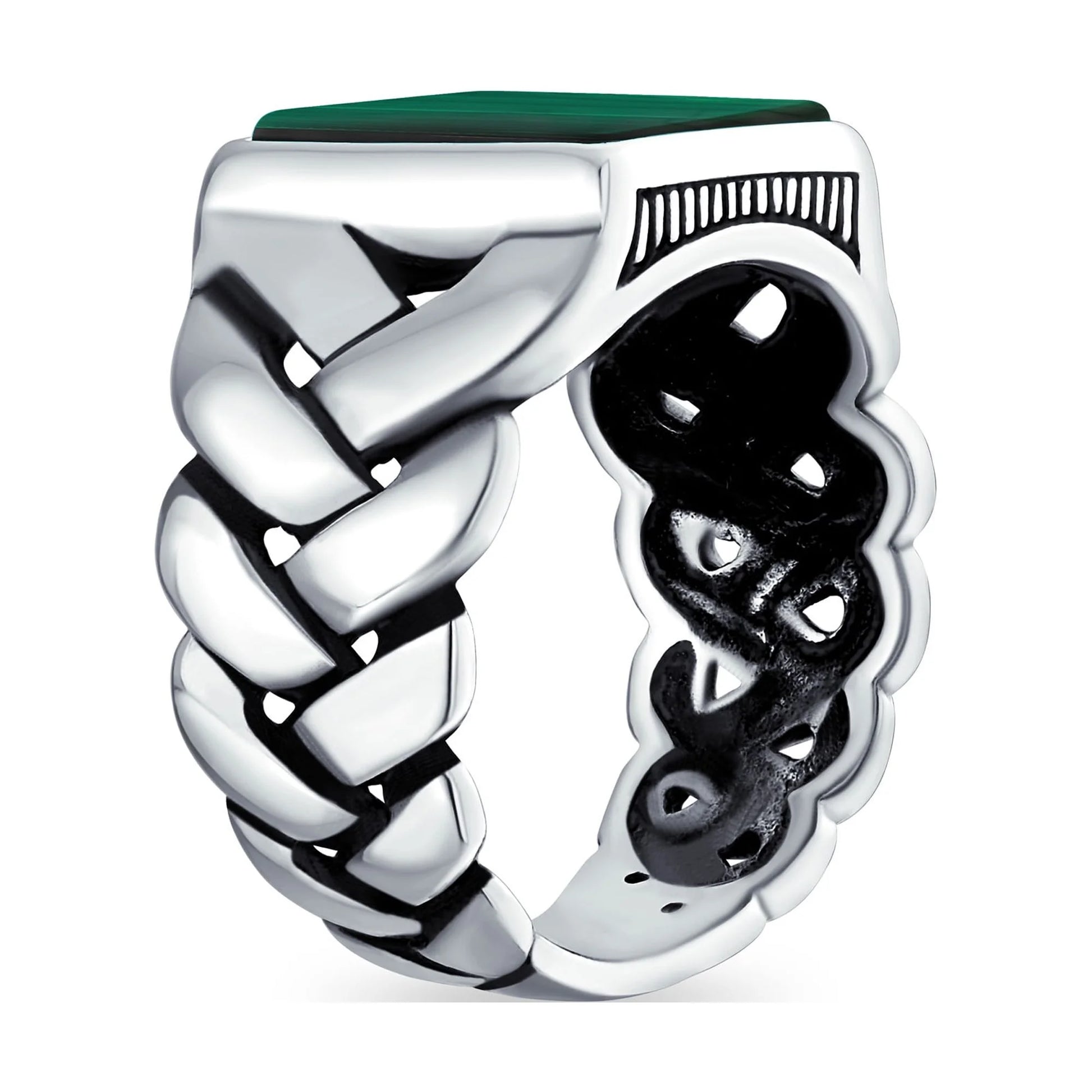 Mens Mens Silver Ring Braided Cable Wheat Chain Band with Green Malachite Gemstone