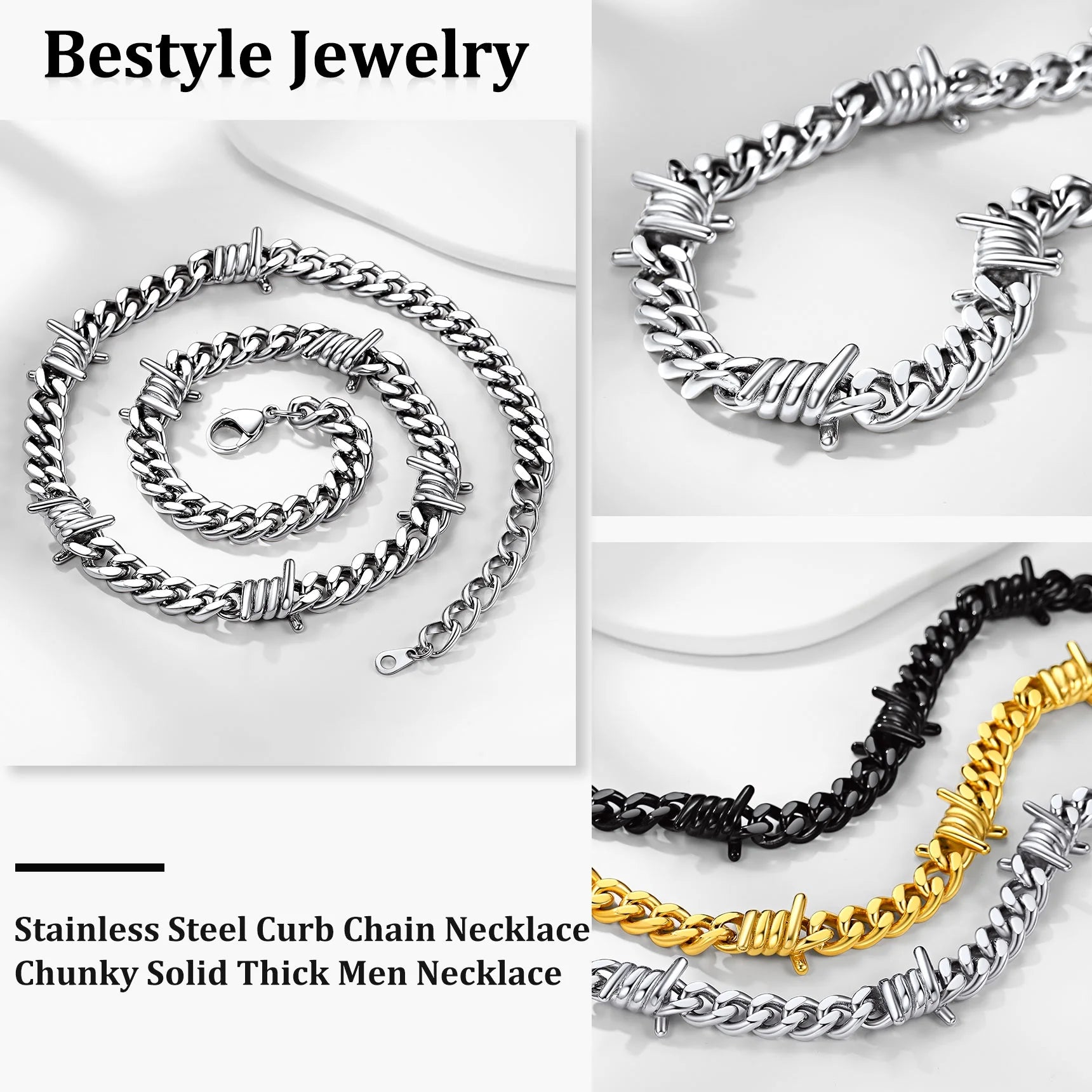 20 Inch Stainless Steel Thorns Necklace for Men Women Punk Hip-Hop Barbed Wire Cuban Link Chain Jewelry Gift for Father Husband Son