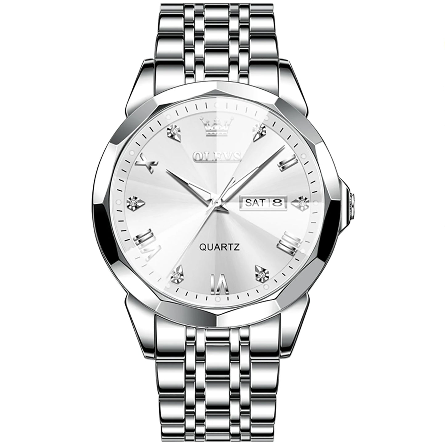 Silver Watch for Men Diamond Luxury Casual Stainless Steel Date Quartz Watch Waterproof Reloj Para Hombre , Gifts for Men, Adult Male Wristwatch