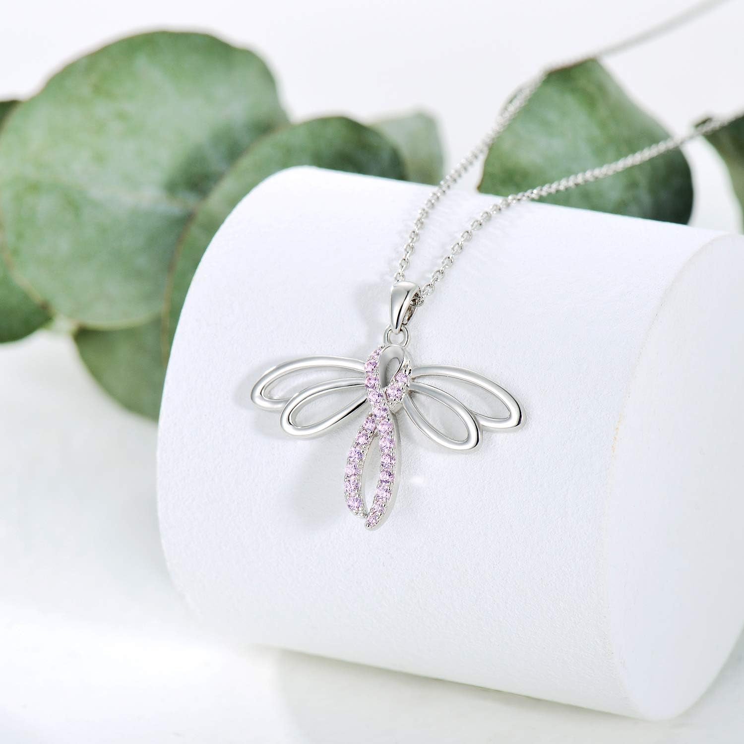 925 Sterling Silver Breast Cancer Awareness Necklace Butterfly/Dragonfly/Cross Pendant Necklace Pink Ribbon Necklace Breast Cancer Survivor Gifts for Women