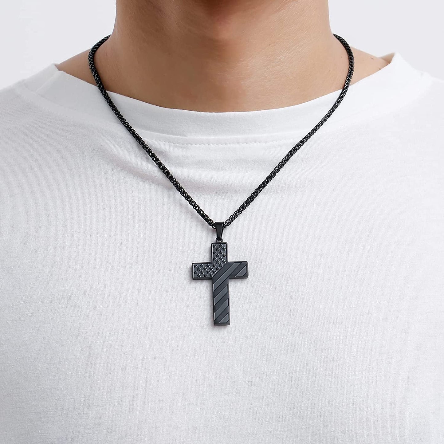 Black Cross Necklace for Men Boys Boyfriend Kid Son Husband Father Bible Verse Joshua 1:9 Stainless Steel USA American Flag Pendant Chain for Boys Men Religious Jewelry Gift for Men Boyfriend