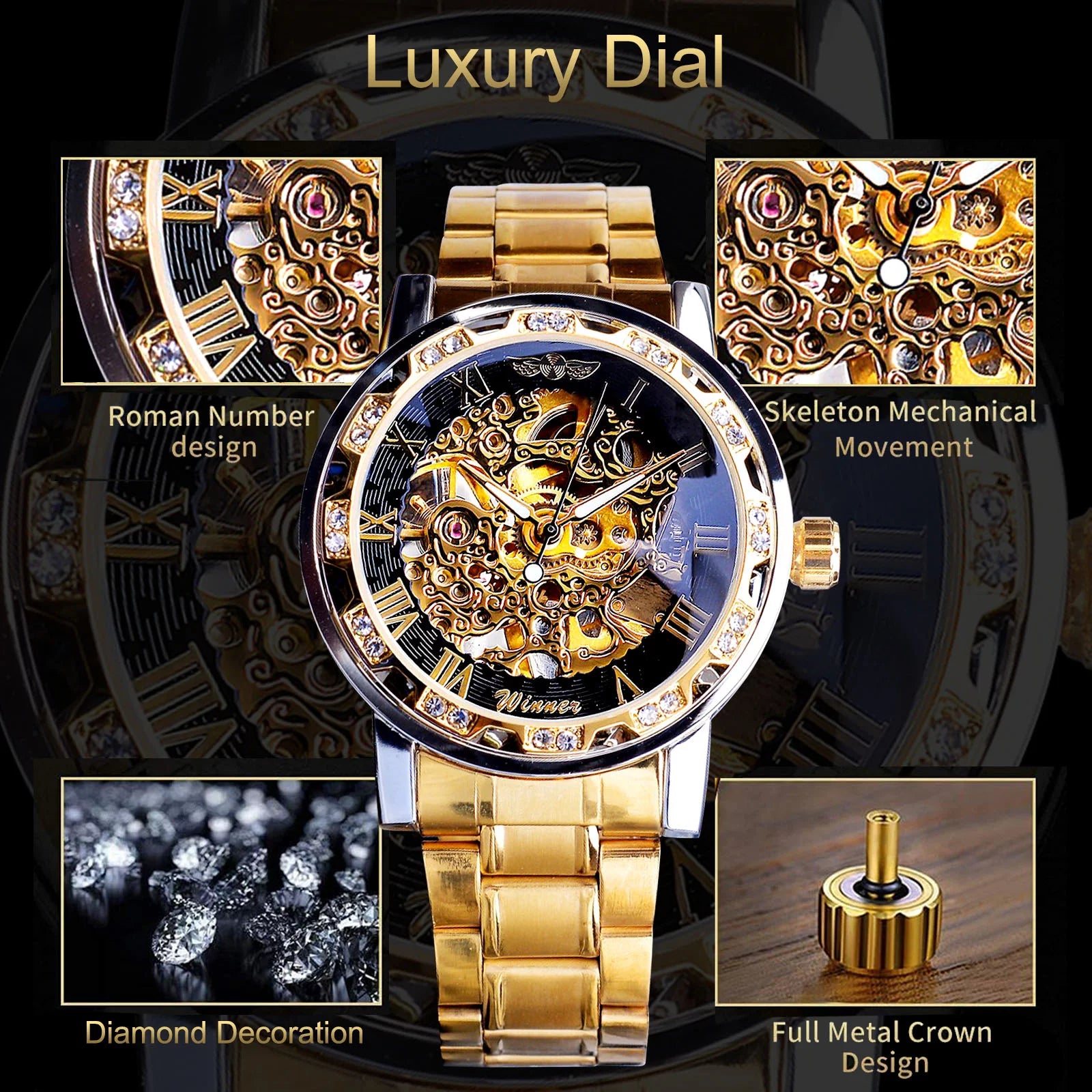 Luxury Watch for Men,  Waterproof Automatic Self-Winding Rome Number Diamond Dial Wrist Watch