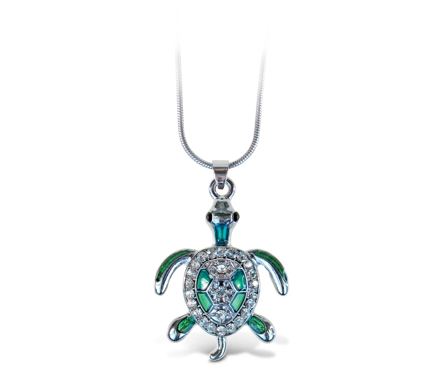 Green Sea Turtle Necklace, 18 Inch Fashionable & Elegant Silver Chain Jewelry with Rhinestone Studded Pendant for Casual Formal Attire Sea Life Themed Girls Teens Women Fashion Neck Accessory