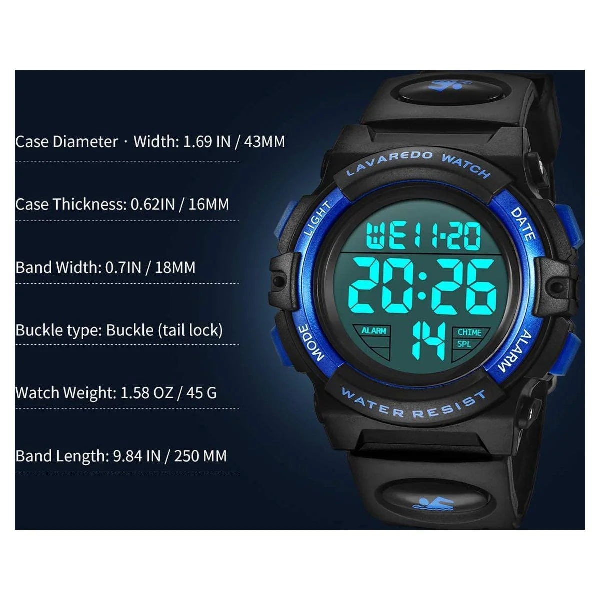 Watches for Kids Boys Girls Digital Outdoor Waterproof Sport LED Light Stopwatch Child Wristwatch Blue