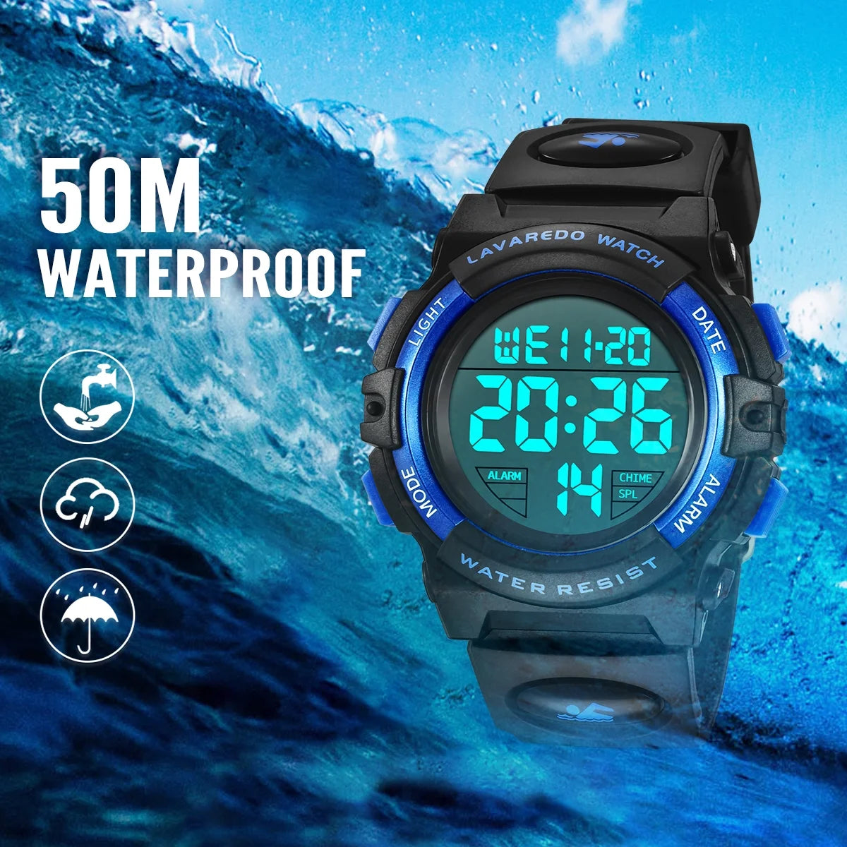 Watches for Kids Boys Girls Digital Outdoor Waterproof Sport LED Light Stopwatch Child Wristwatch Blue