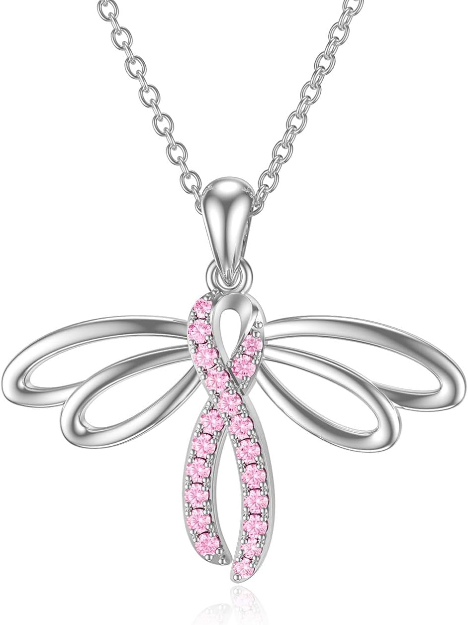 925 Sterling Silver Breast Cancer Awareness Necklace Butterfly/Dragonfly/Cross Pendant Necklace Pink Ribbon Necklace Breast Cancer Survivor Gifts for Women