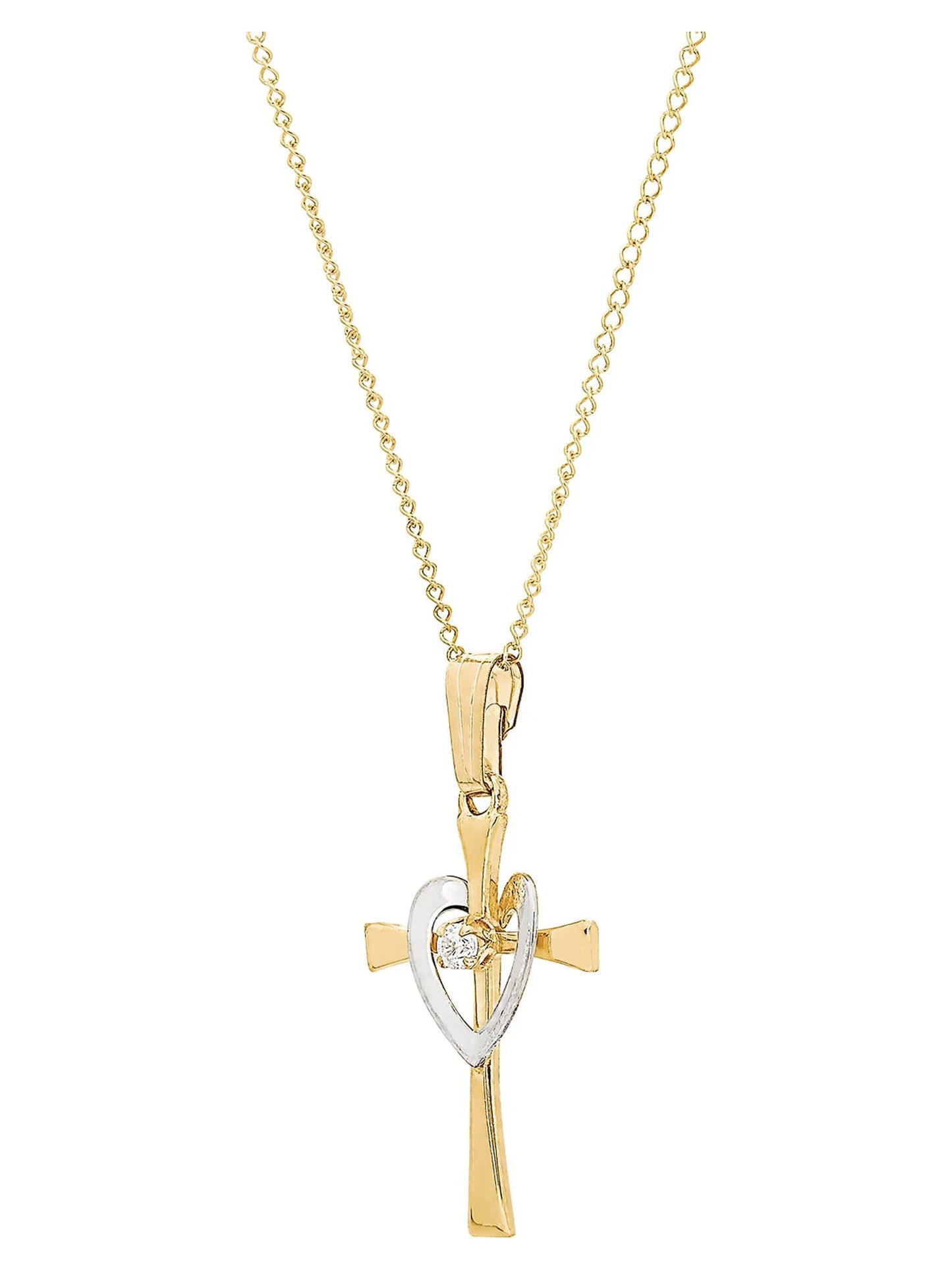 Cubic Zirconia Cross with Heart Pendant in Gold-Filled,18"