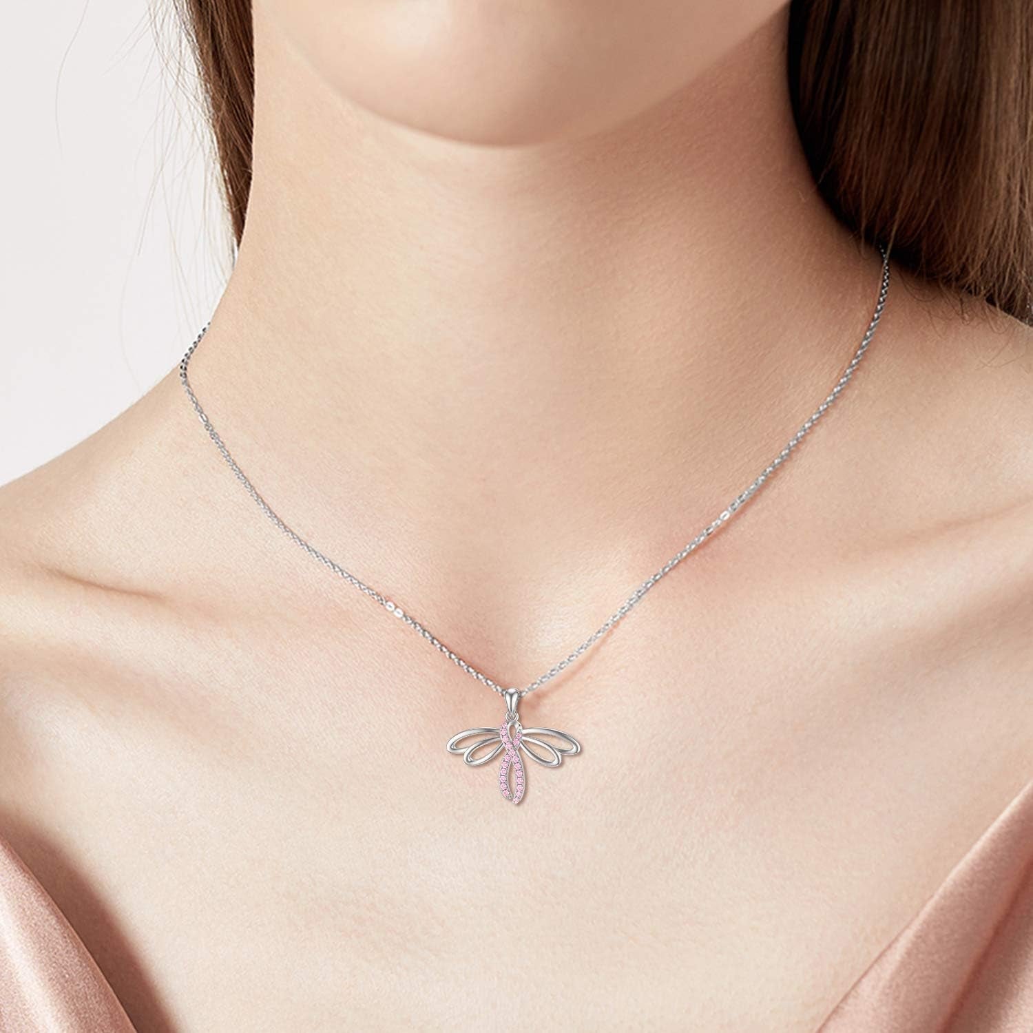 925 Sterling Silver Breast Cancer Awareness Necklace Butterfly/Dragonfly/Cross Pendant Necklace Pink Ribbon Necklace Breast Cancer Survivor Gifts for Women