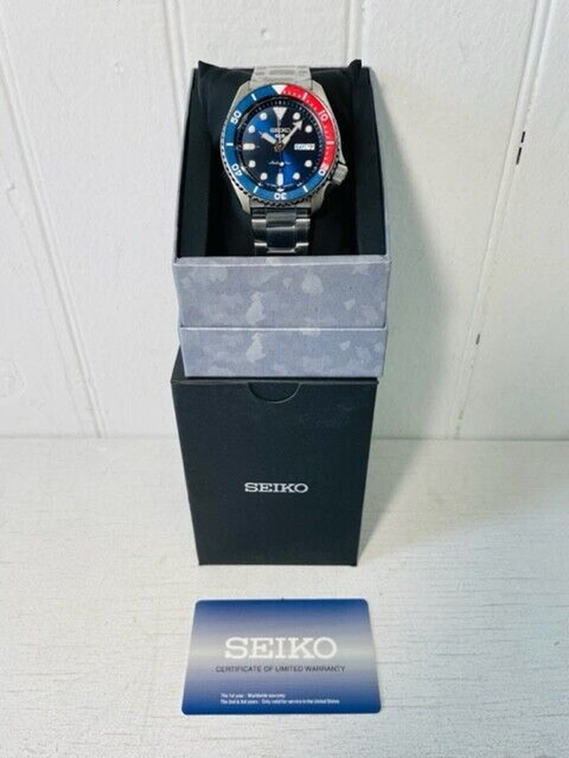 SEIKO 5 SRPD53 Mens Blue Dial Blue/Red Bezel Metal Day/Date Automatic Watch $325