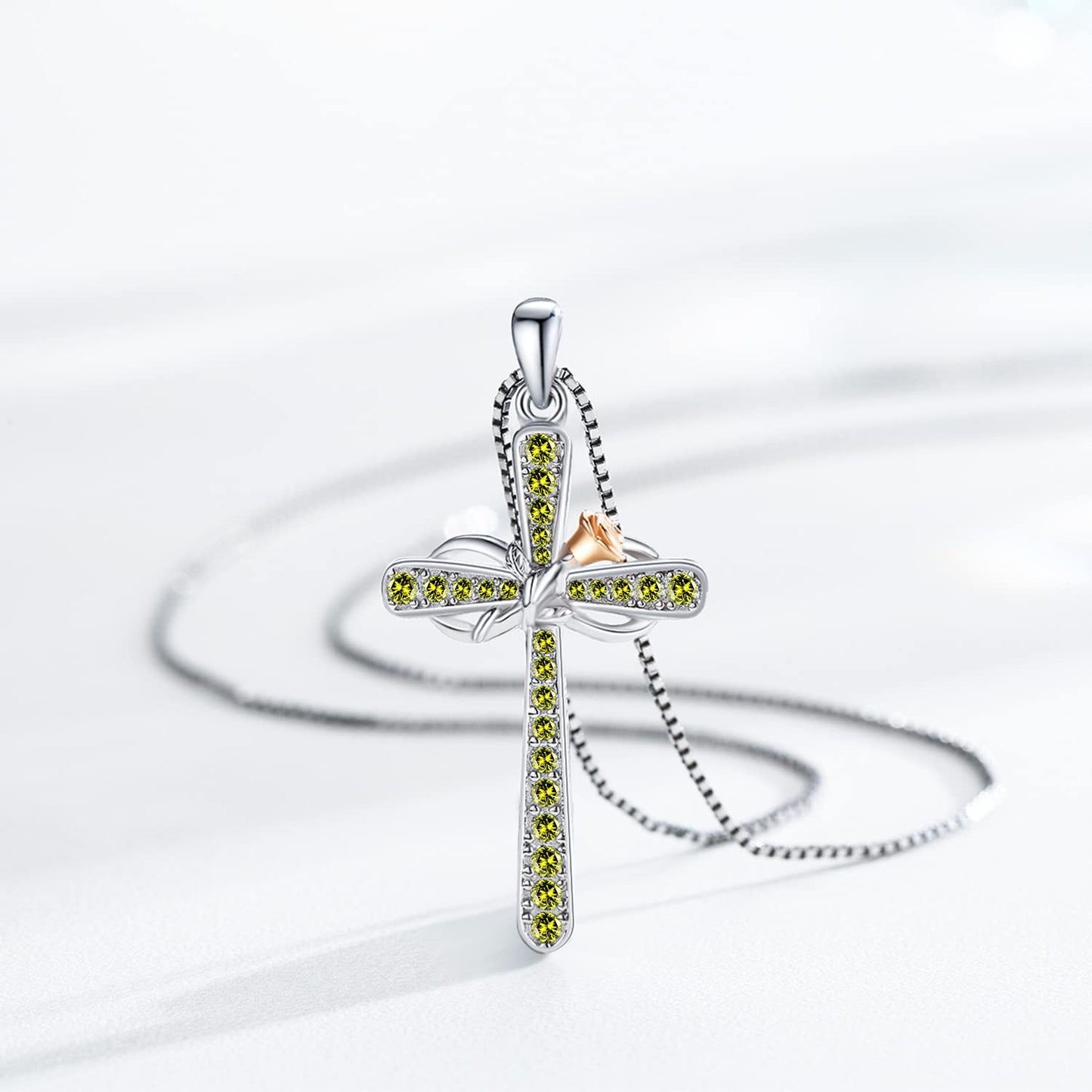 Cross Necklace for Women Sterling Silver Birthstone Pendant Necklace Rose Flower Infinity Cross Necklace Christian Religious Jewelry Birthday Gifts for Women Girls Daughter Friends