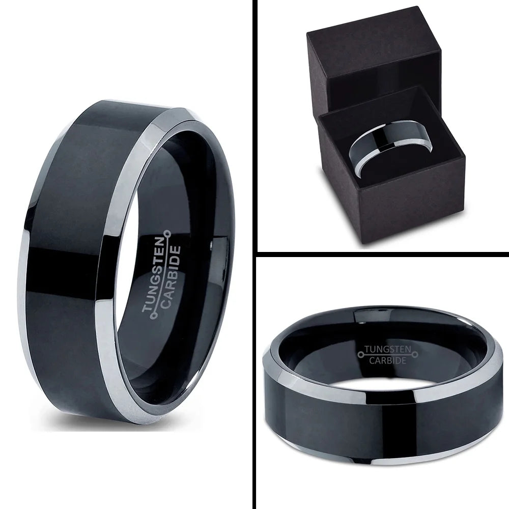 Tungsten Wedding Band Ring 8Mm for Men Women Comfort Fit Black Beveled Edge Polished Brushed Lifetime Guarantee Size 4