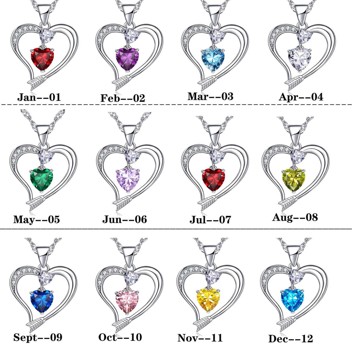 18K White Gold Plated Love Arrow Birthstone Pendant Necklace Women Jewelry