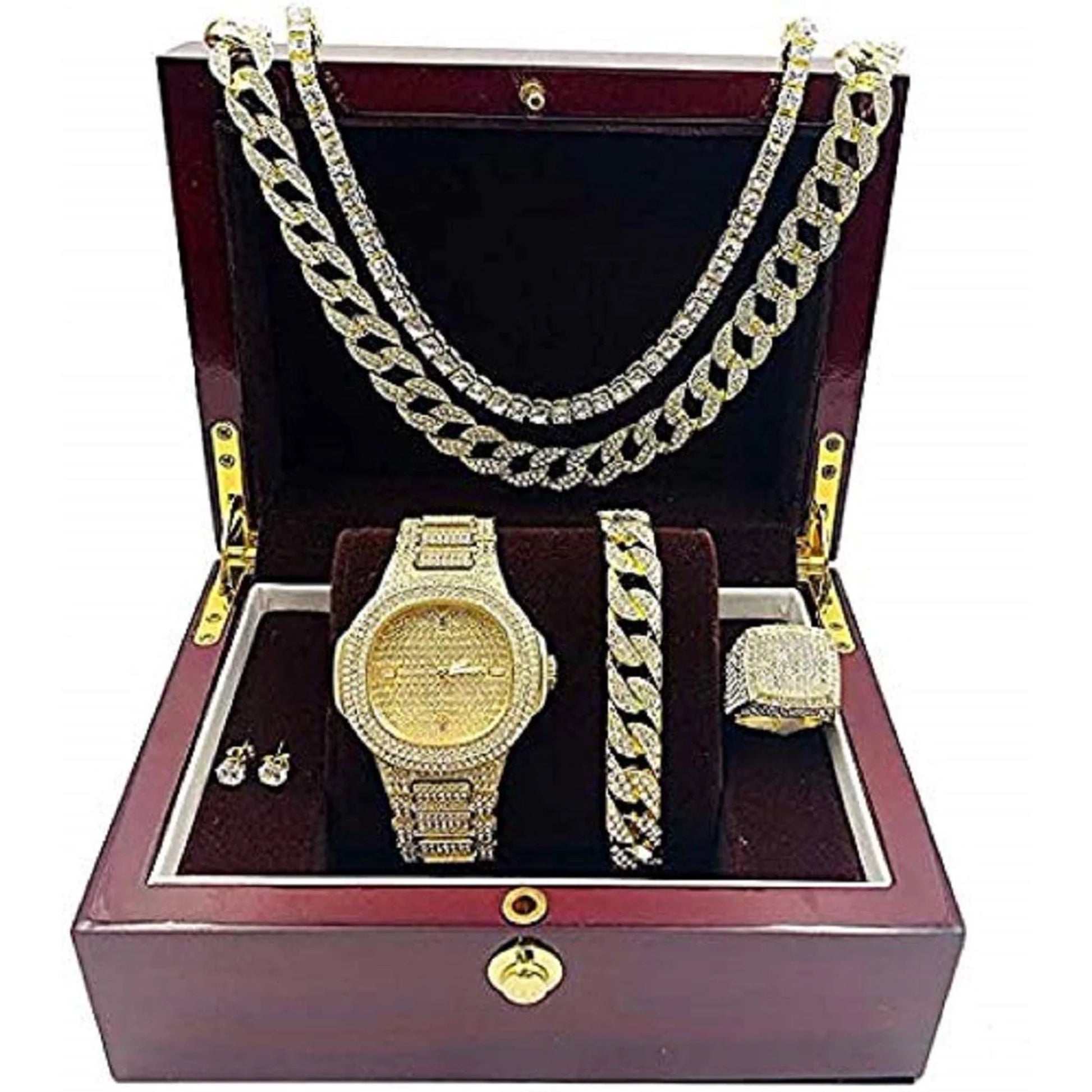 Gold Plated Bling-Ed Out Oblong Case Metal Mens Watch W/Matching Cuban Chain Bracelet, Cuban Necklace, Tennis Chain & Ring Size 9- 8967CRNTG (9)