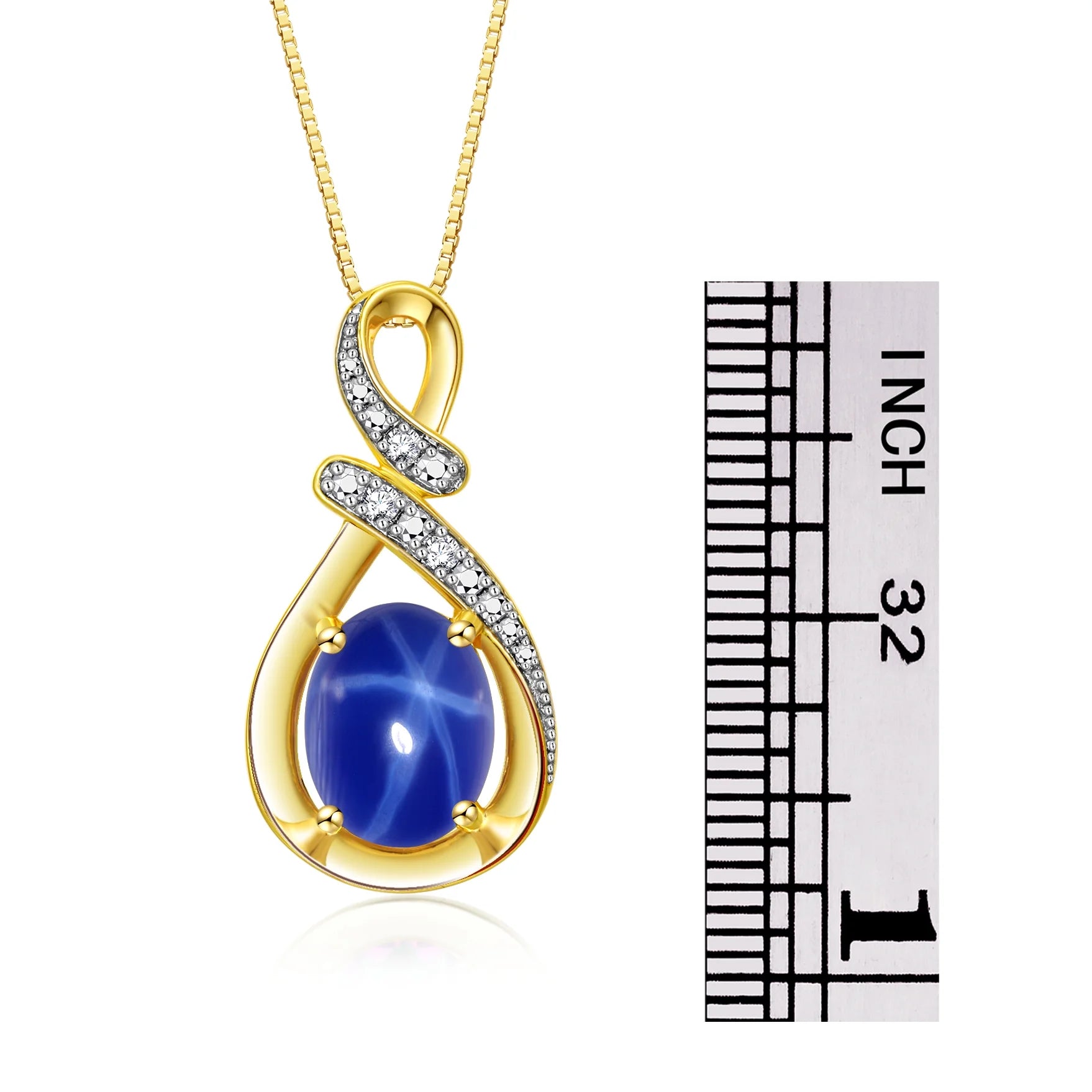 Necklace Yellow Gold Plated Silver Necklace Gemstone & Diamonds Pendant 18" Chain 9X7MM Blue Star Sapphire September Birthstone Womens Jewelry Silver Necklace