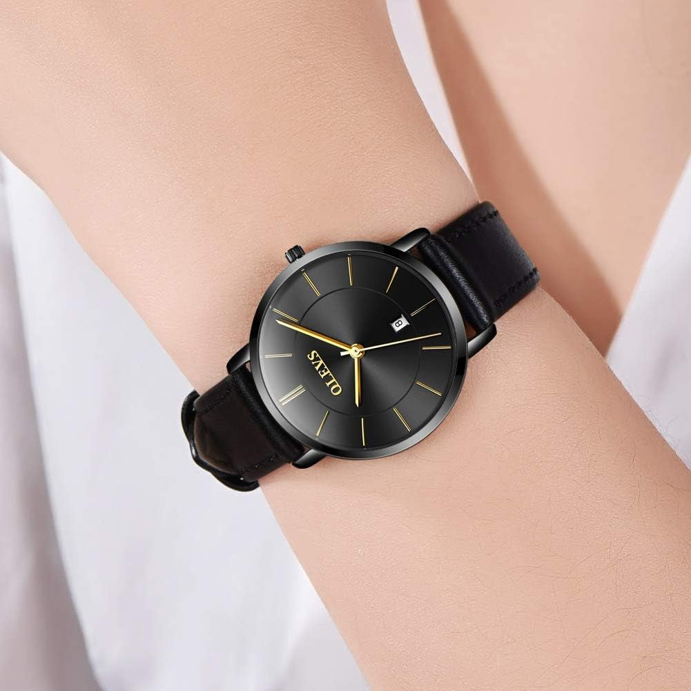 Watches for Women Waterproof Wristwatches Analog Quartz Ultra Thin Black Watches Leather Strap Watches with Date Calendar Watches,Gifts for Women