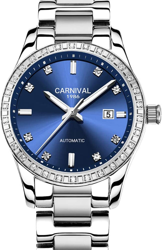 Women'S Diamond Automatic Mechanical Rose Gold Stainless Steel Sapphire Waterproof Lady'S Elegant Blue Watch