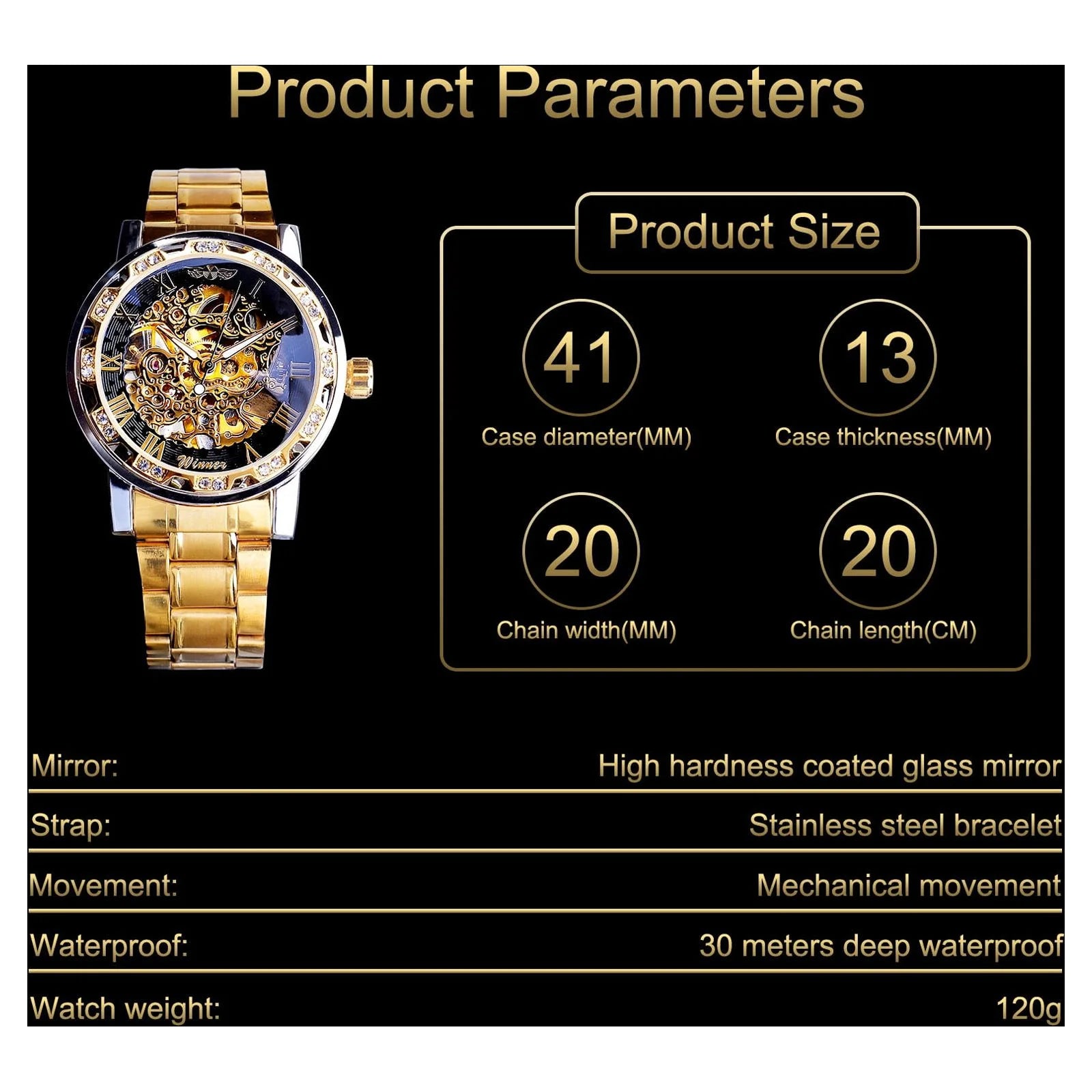 Luxury Watch for Men,  Waterproof Automatic Self-Winding Rome Number Diamond Dial Wrist Watch