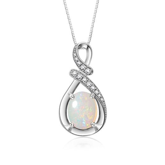 Necklace Sterling Silver Classic Designer Necklace Gemstone & Diamonds Pendant 18" Chain 9X7MM Opal OCTOBER October Birthstone Womens Jewelry Silver Necklace