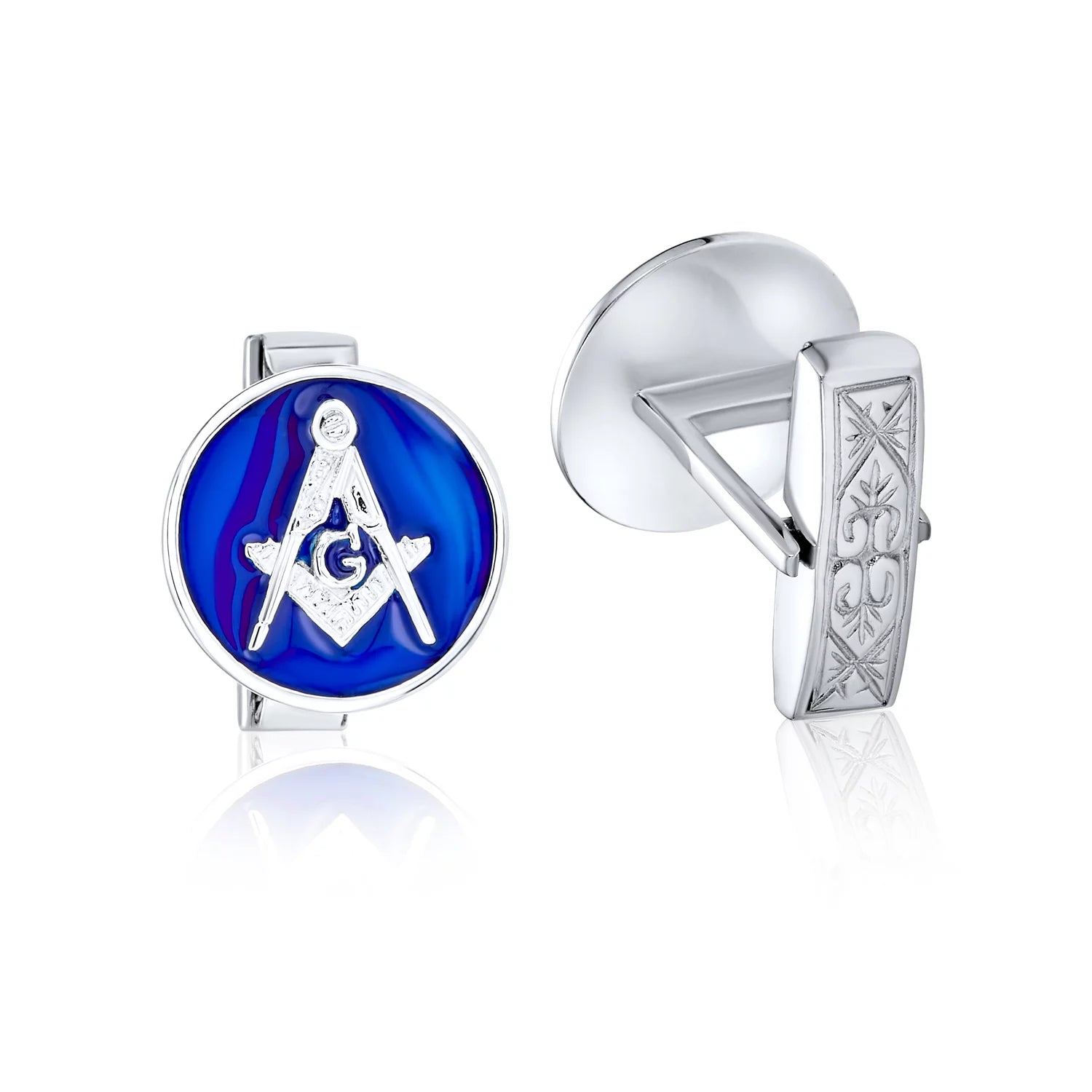 Mens round Circle Disc Freemasons Compass Symbol Shirt Cufflink Royal Blue Enamel