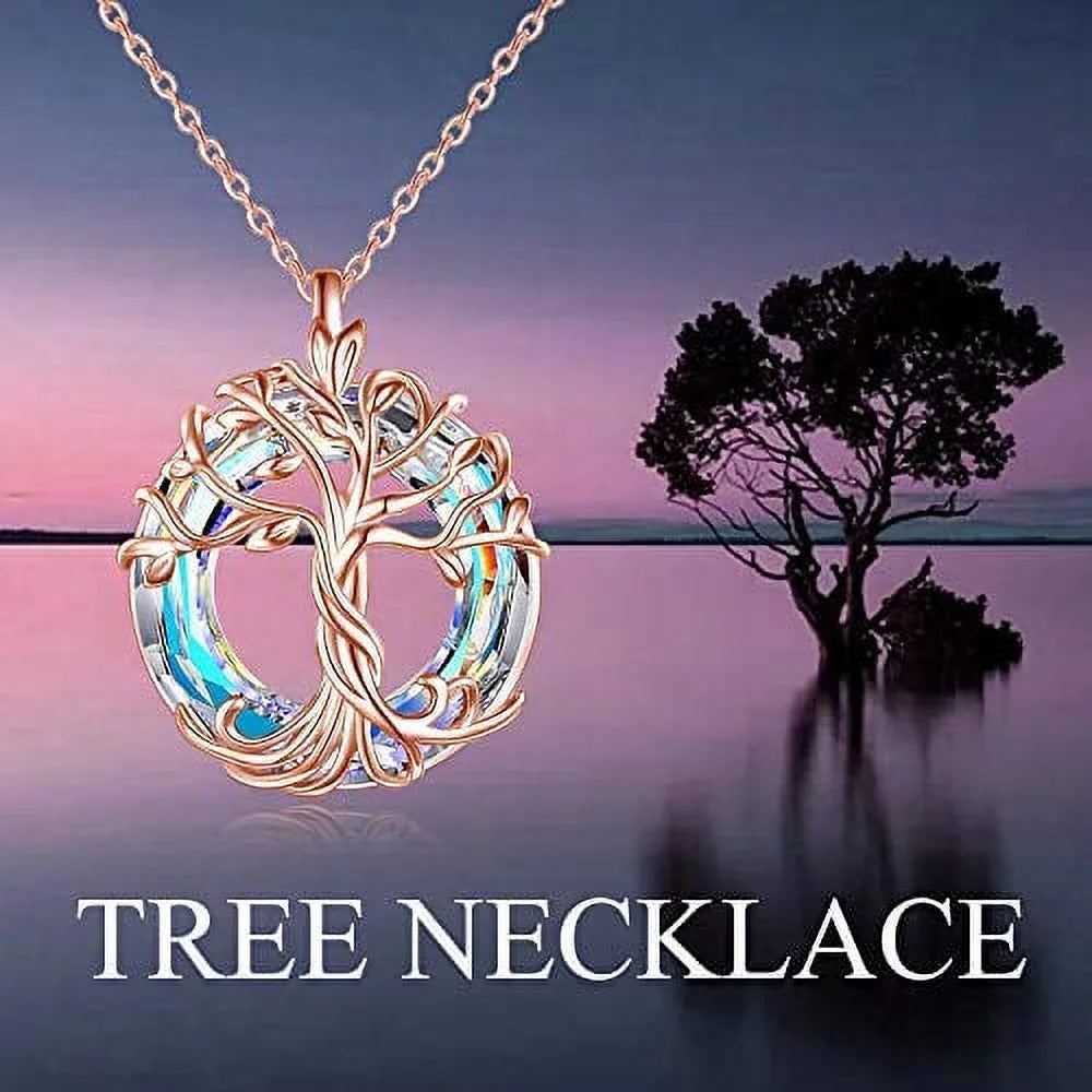 Christmas Gifts Tree of Life Pendant Celtic Family Sterling Silve Necklace with Circle Airore Boreale Crystal Jewelry Christmas Gifts for Women