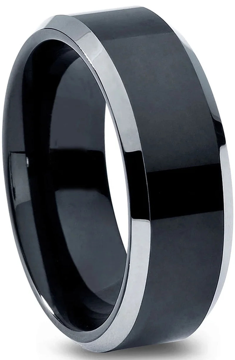 Tungsten Wedding Band Ring 8Mm for Men Women Comfort Fit Black Beveled Edge Polished Brushed Lifetime Guarantee Size 4