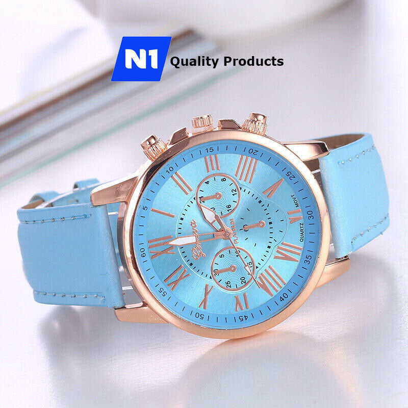 New Fashion Geneva Women Leather Band Stainless Steel Quartz Analog Wrist Watch