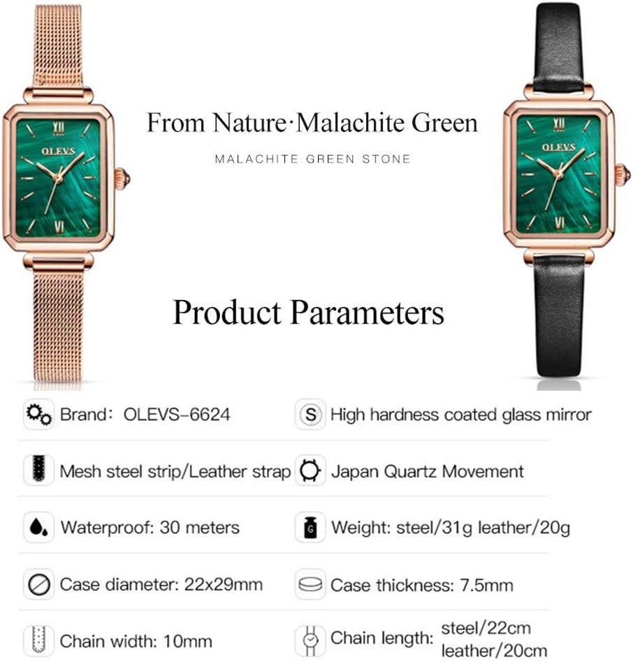 Fashion Square Leather Black Watches for Women Green Stone Square Retro Watch Ladies Gold Analog Quartz Watches for Women Classic Green Face Womens Watch