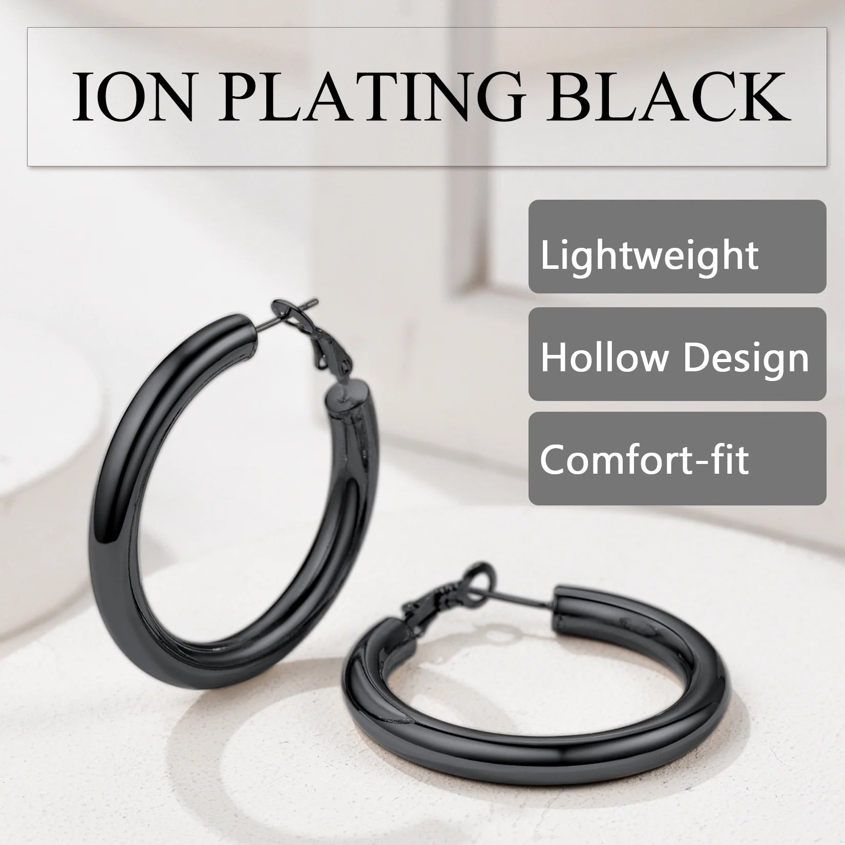 Small 40Mm Black Tube Hoop Earrings Women Girls with Sterling Silver Post